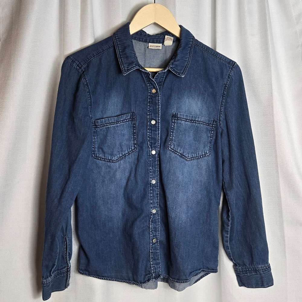 Mudd Denim Chambray Shirt Women L Long Sleeve Pearl‎ Snap Blue Jean Style Top